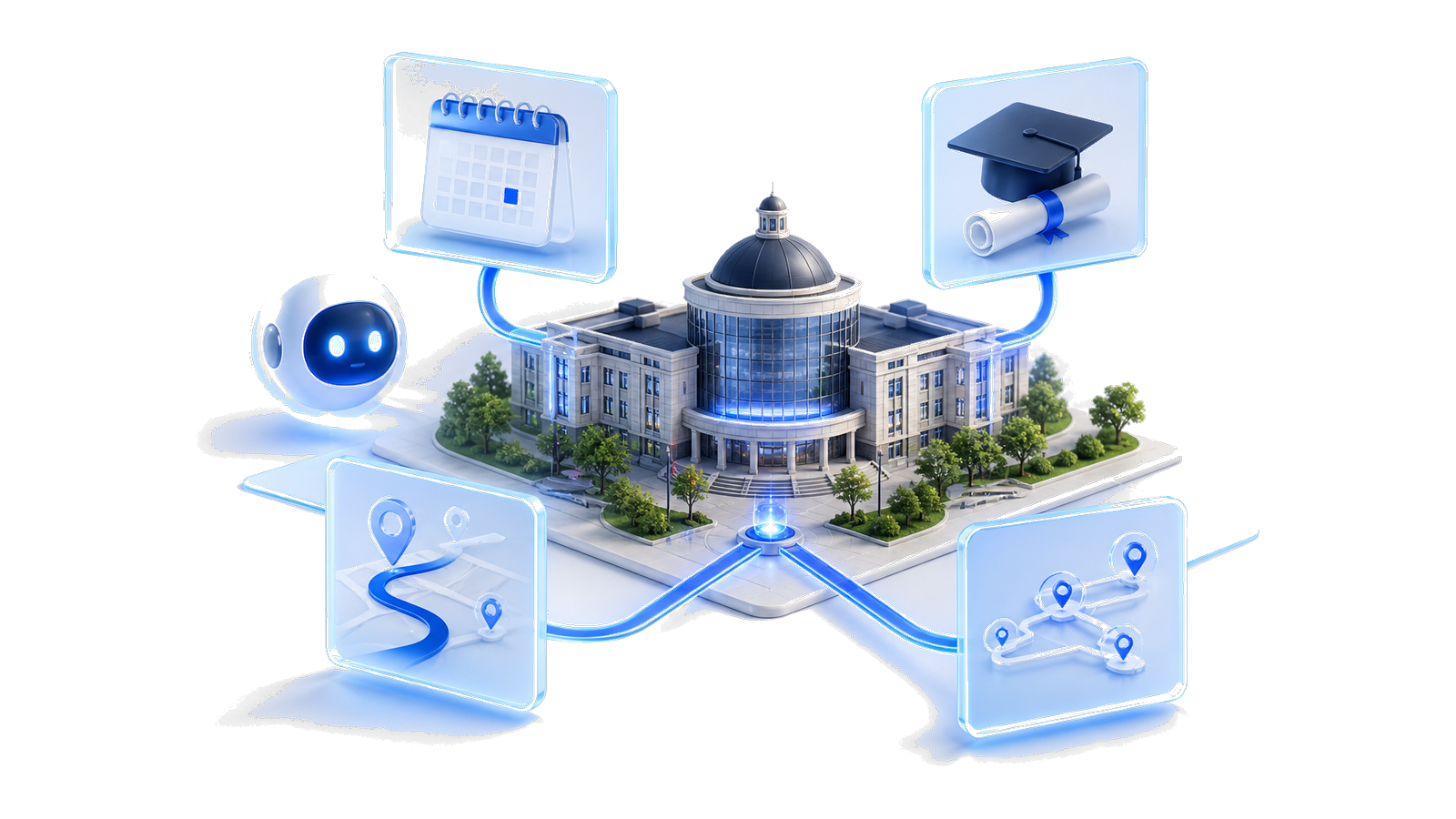 3D university campus with AI academic guidance pathways