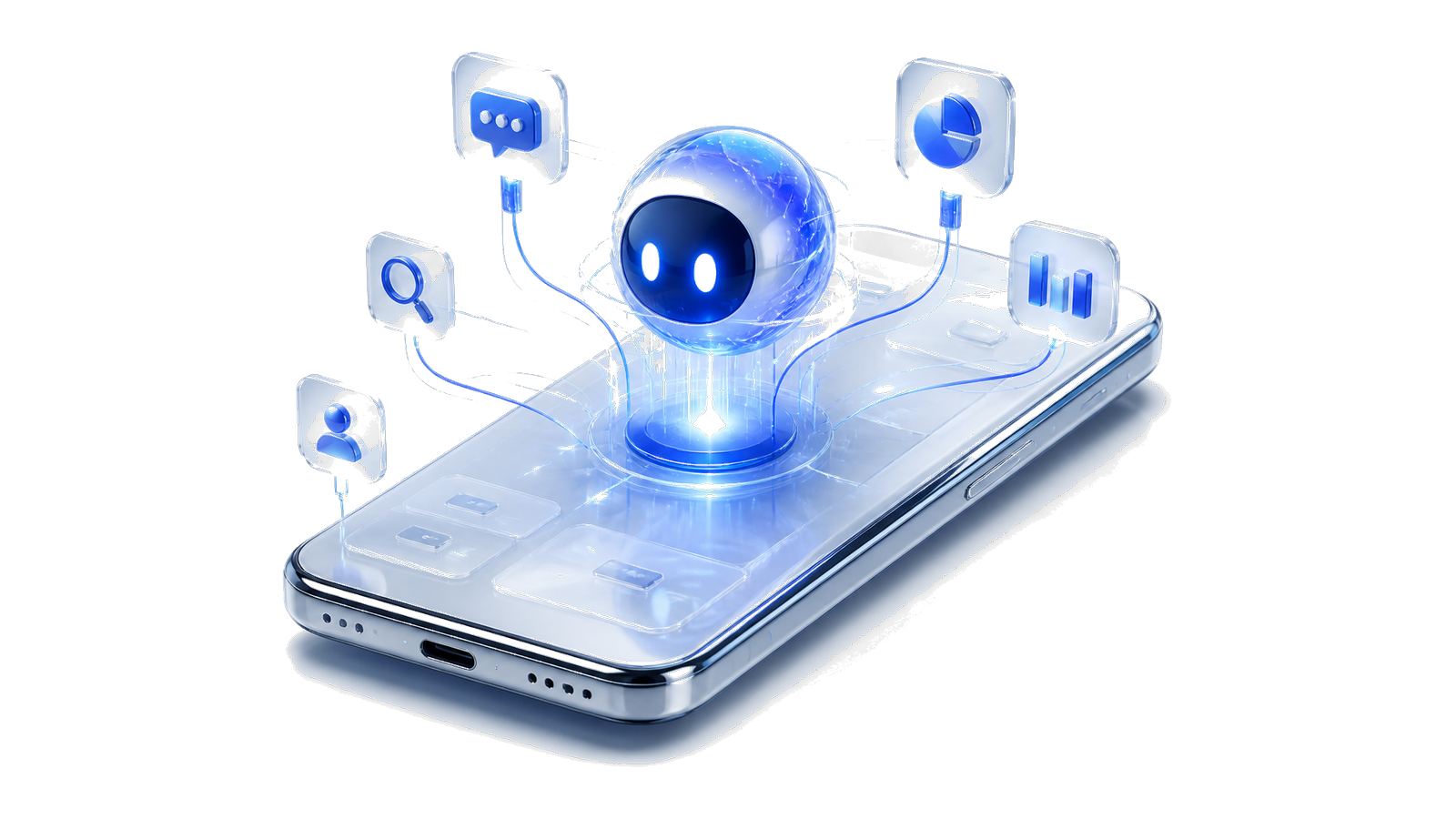 3D smartphone with a floating AI agent orb and action cards