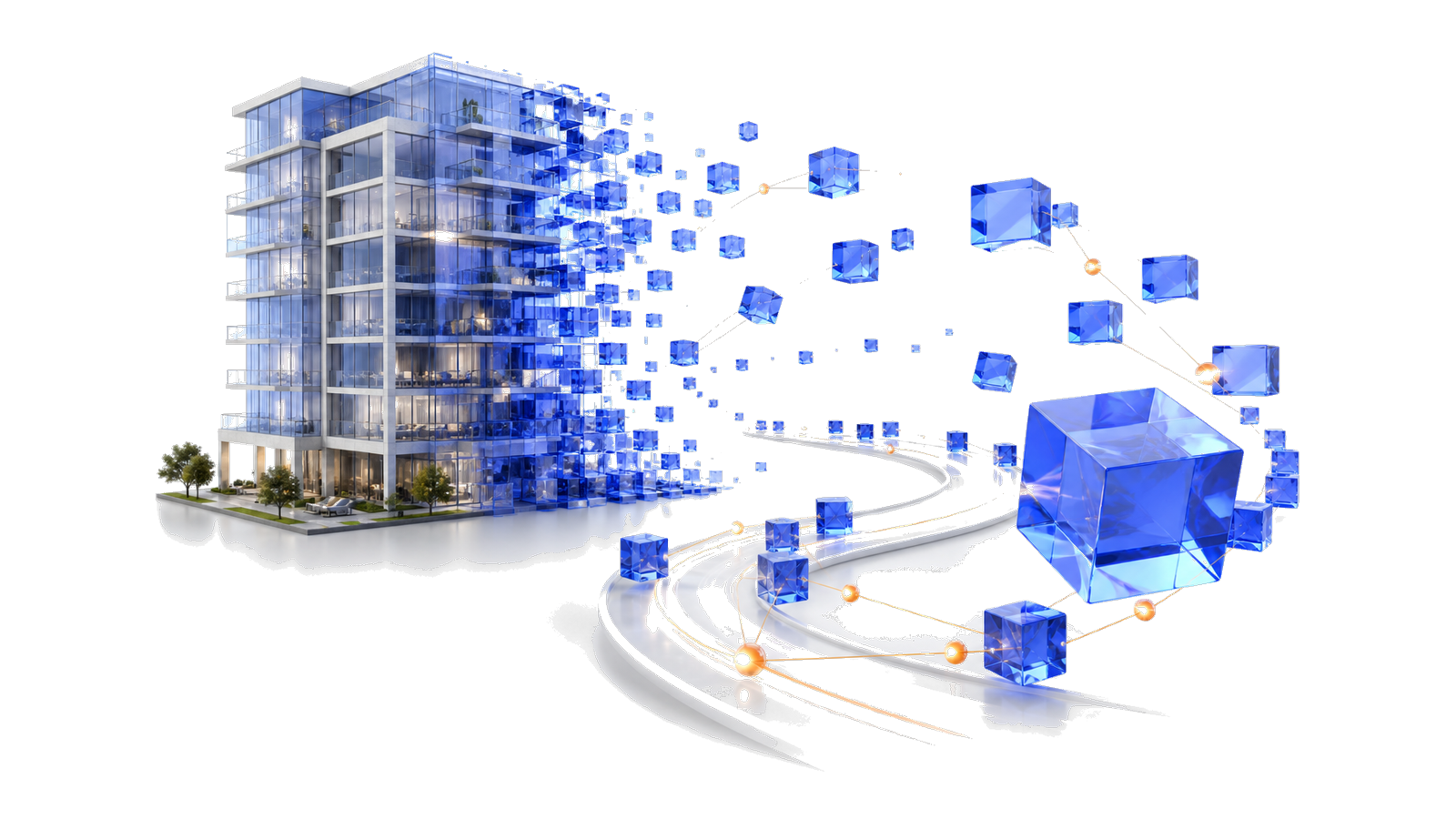 3D building transforming into on-chain property tokens